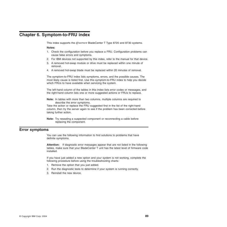 Chapter 6. symptom-to-fru index, Error symptoms, Chapter | Symptom-to-fru, Index, Error, Symptoms | IBM BladeCenter T Type 8720 User Manual | Page 99 / 180