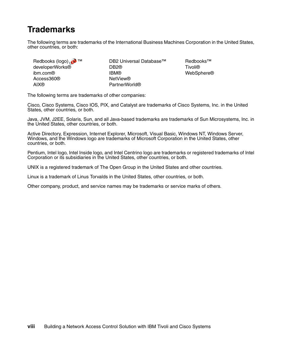 Trademarks | IBM Tivoli and Cisco User Manual | Page 10 / 516