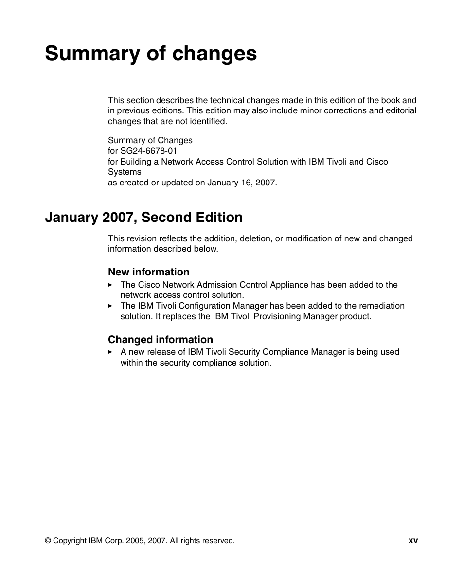 Summary of changes, January 2007, second edition | IBM Tivoli and Cisco User Manual | Page 17 / 516