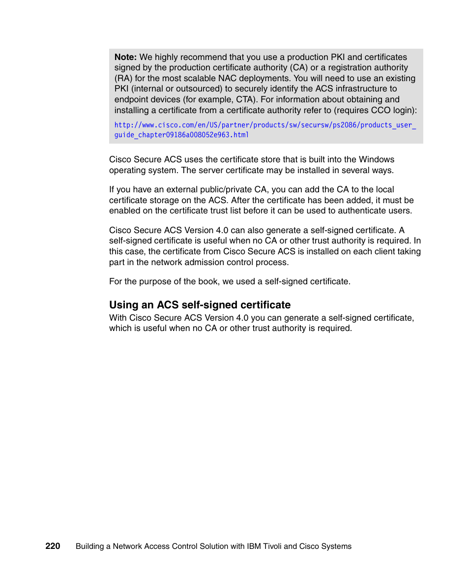 Using an acs self-signed certificate | IBM Tivoli and Cisco User Manual | Page 238 / 516