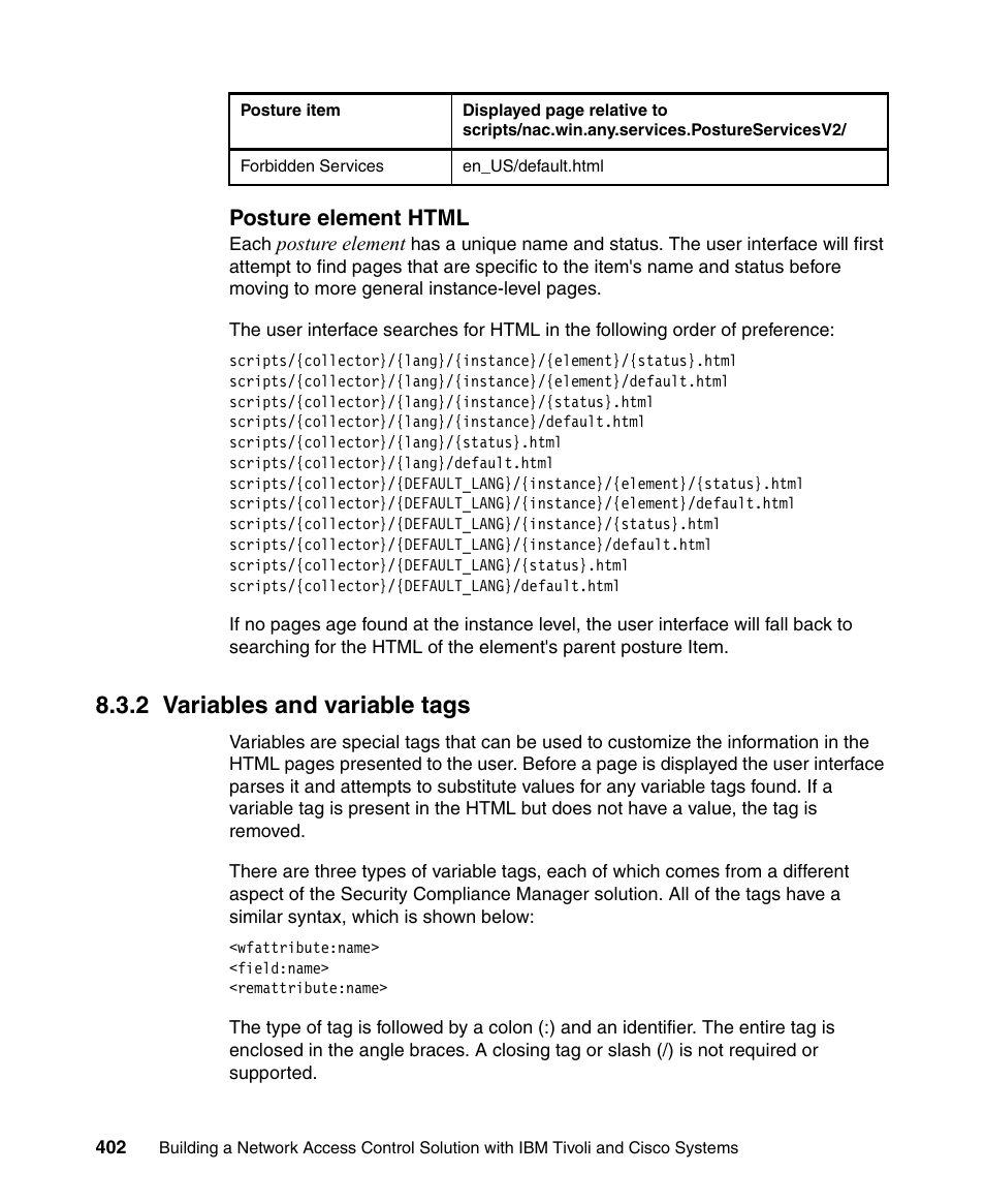 2 variables and variable tags, Posture element html | IBM Tivoli and Cisco User Manual | Page 420 / 516