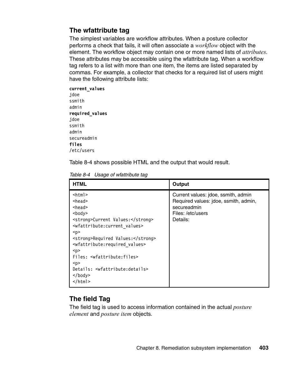 The wfattribute tag, The field tag | IBM Tivoli and Cisco User Manual | Page 421 / 516