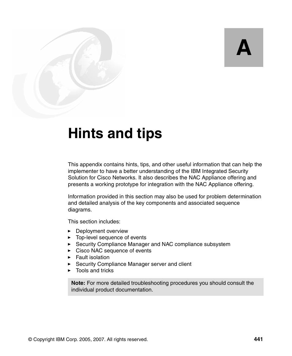 Appendix a. hints and tips, Hints and tips | IBM Tivoli and Cisco User Manual | Page 459 / 516