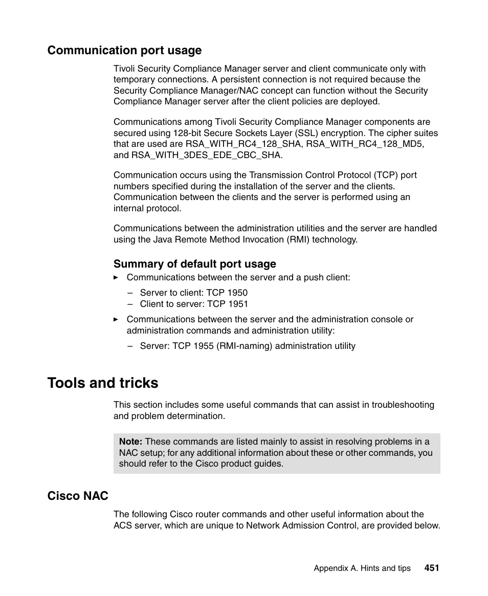 Communication port usage, Tools and tricks, Cisco nac | IBM Tivoli and Cisco User Manual | Page 469 / 516