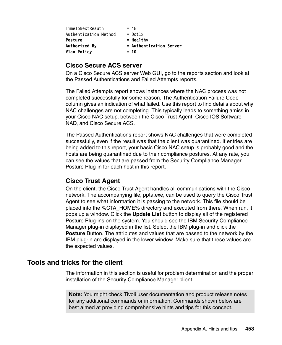 Tools and tricks for the client, Cisco secure acs server, Cisco trust agent | IBM Tivoli and Cisco User Manual | Page 471 / 516