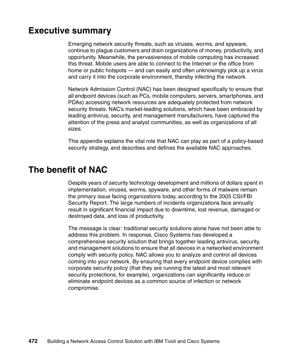 Executive summary, The benefit of nac, Executive summary the benefit of nac | IBM Tivoli and Cisco User Manual | Page 490 / 516