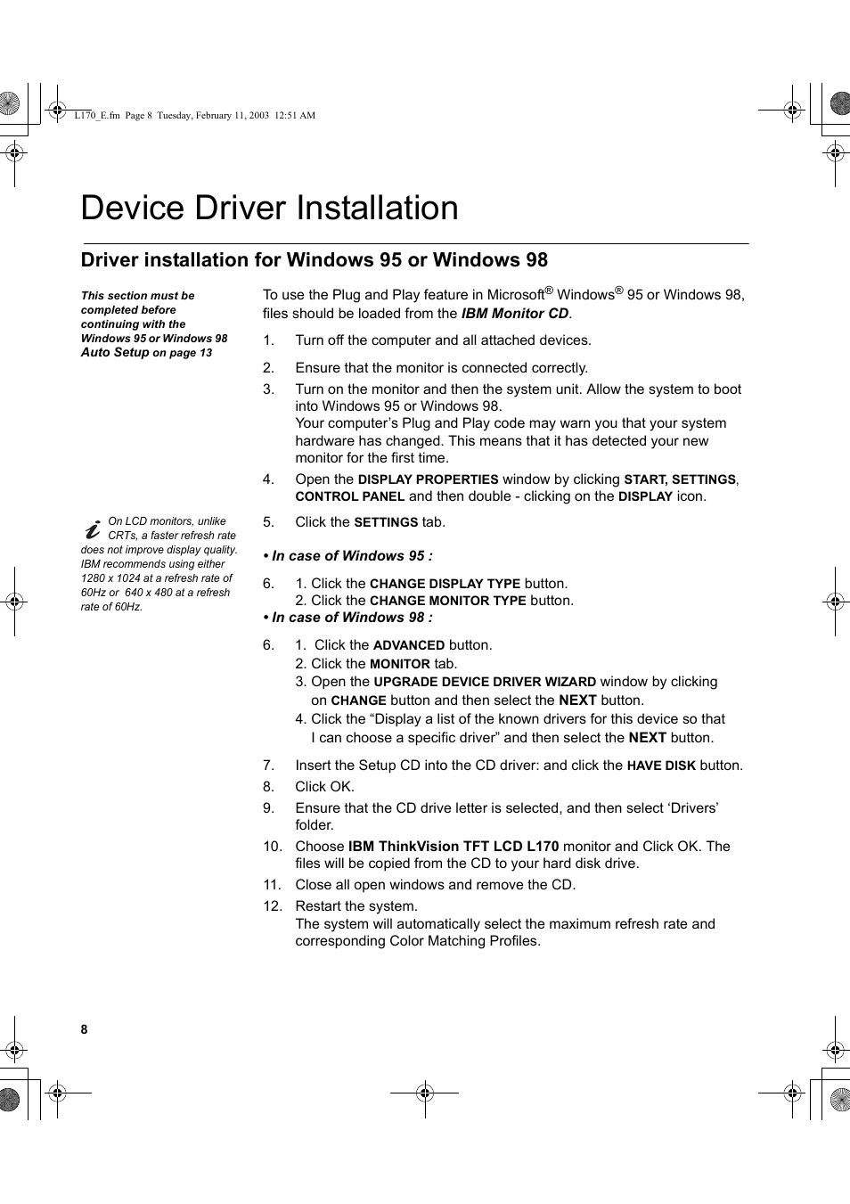 Device driver installation, Driver installation for windows 95 or windows 98 | IBM THINKVISION L170 User Manual | Page 10 / 32