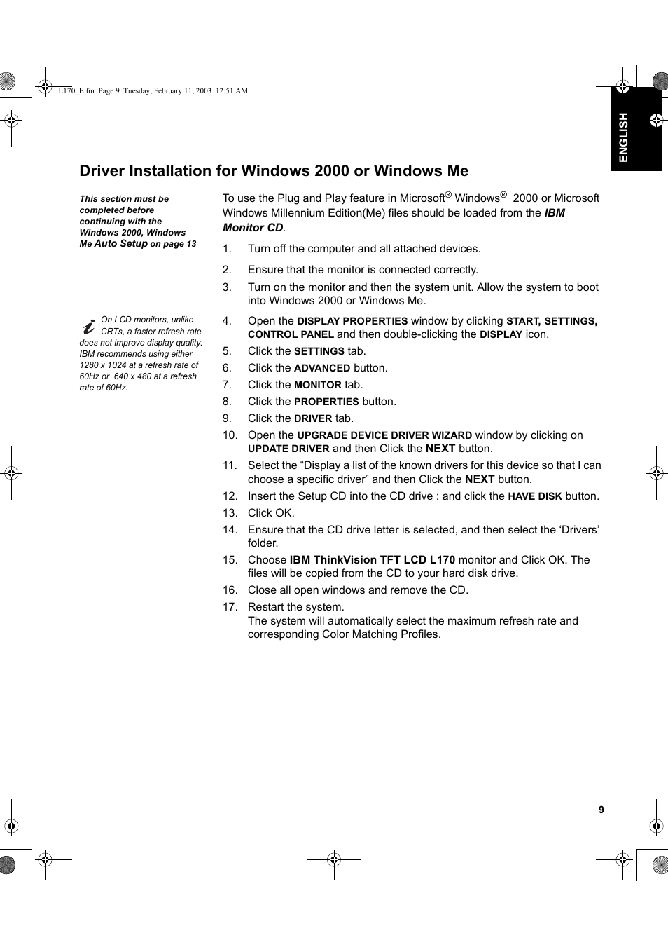 Driver installation for windows 2000 or windows me | IBM THINKVISION L170 User Manual | Page 11 / 32