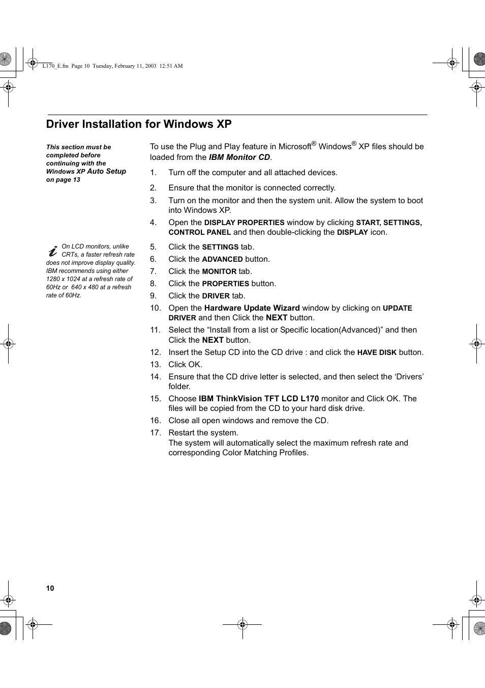 Driver installation for windows xp | IBM THINKVISION L170 User Manual | Page 12 / 32