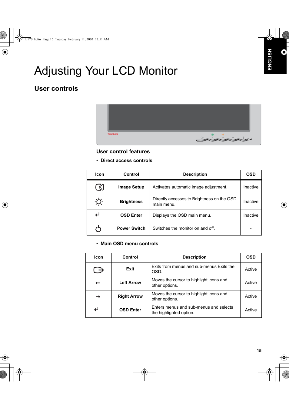 Adjusting your lcd monitor, User controls | IBM THINKVISION L170 User Manual | Page 17 / 32