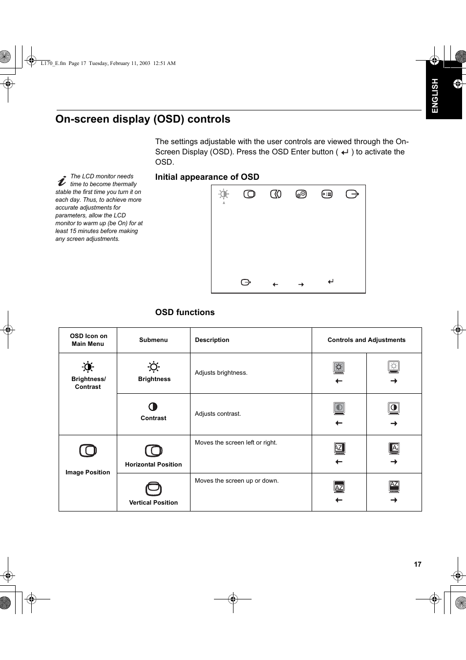 On-screen display (osd) controls | IBM THINKVISION L170 User Manual | Page 19 / 32