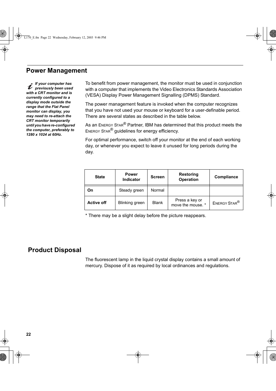 Power management, Product disposal | IBM THINKVISION L170 User Manual | Page 24 / 32