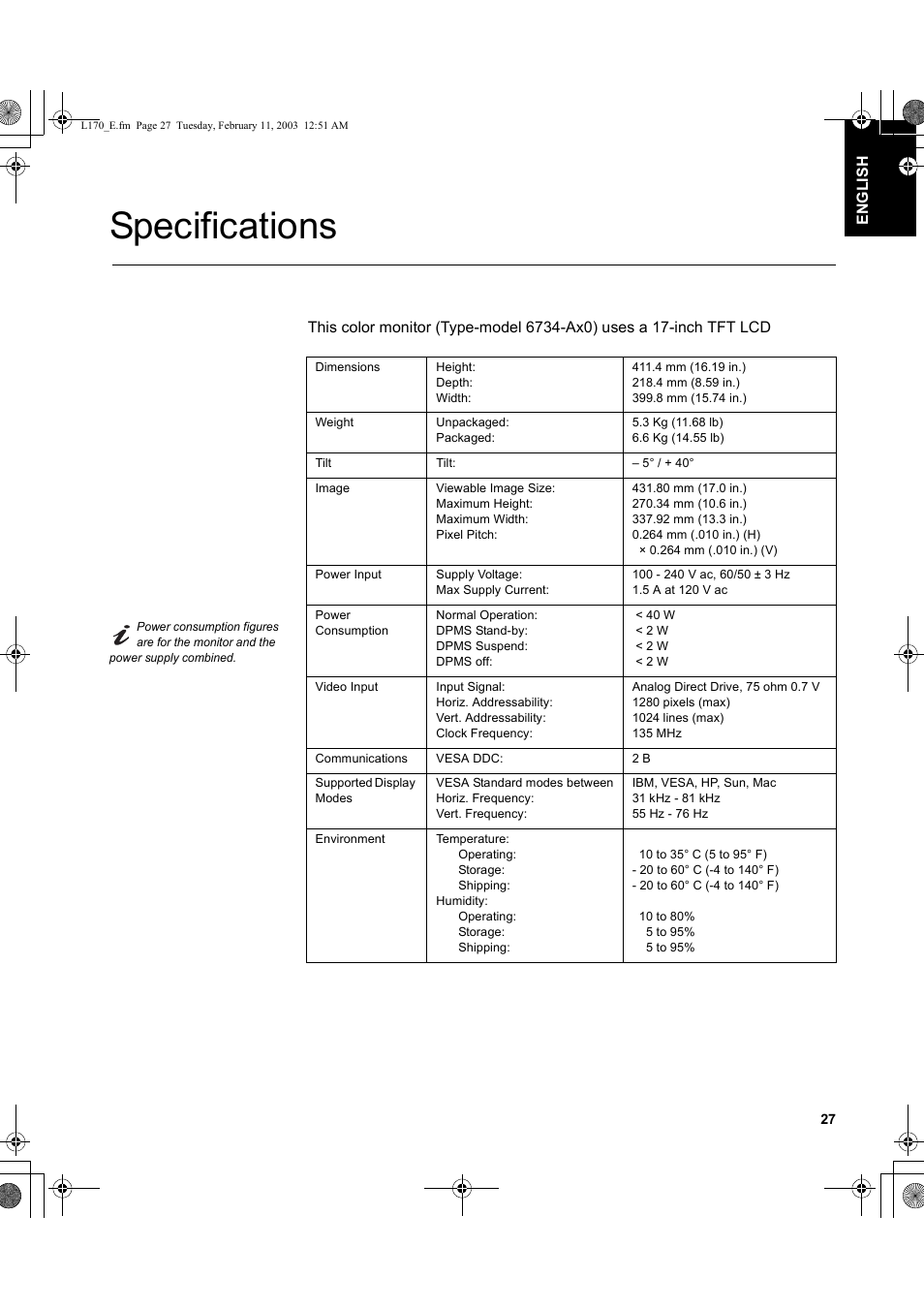 Specifications | IBM THINKVISION L170 User Manual | Page 29 / 32