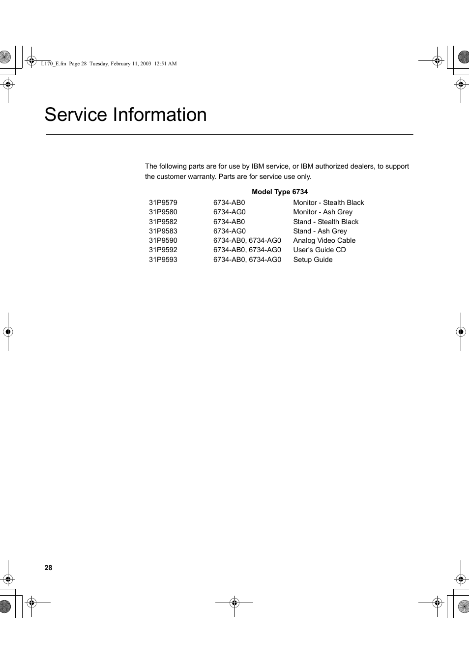 Service information | IBM THINKVISION L170 User Manual | Page 30 / 32