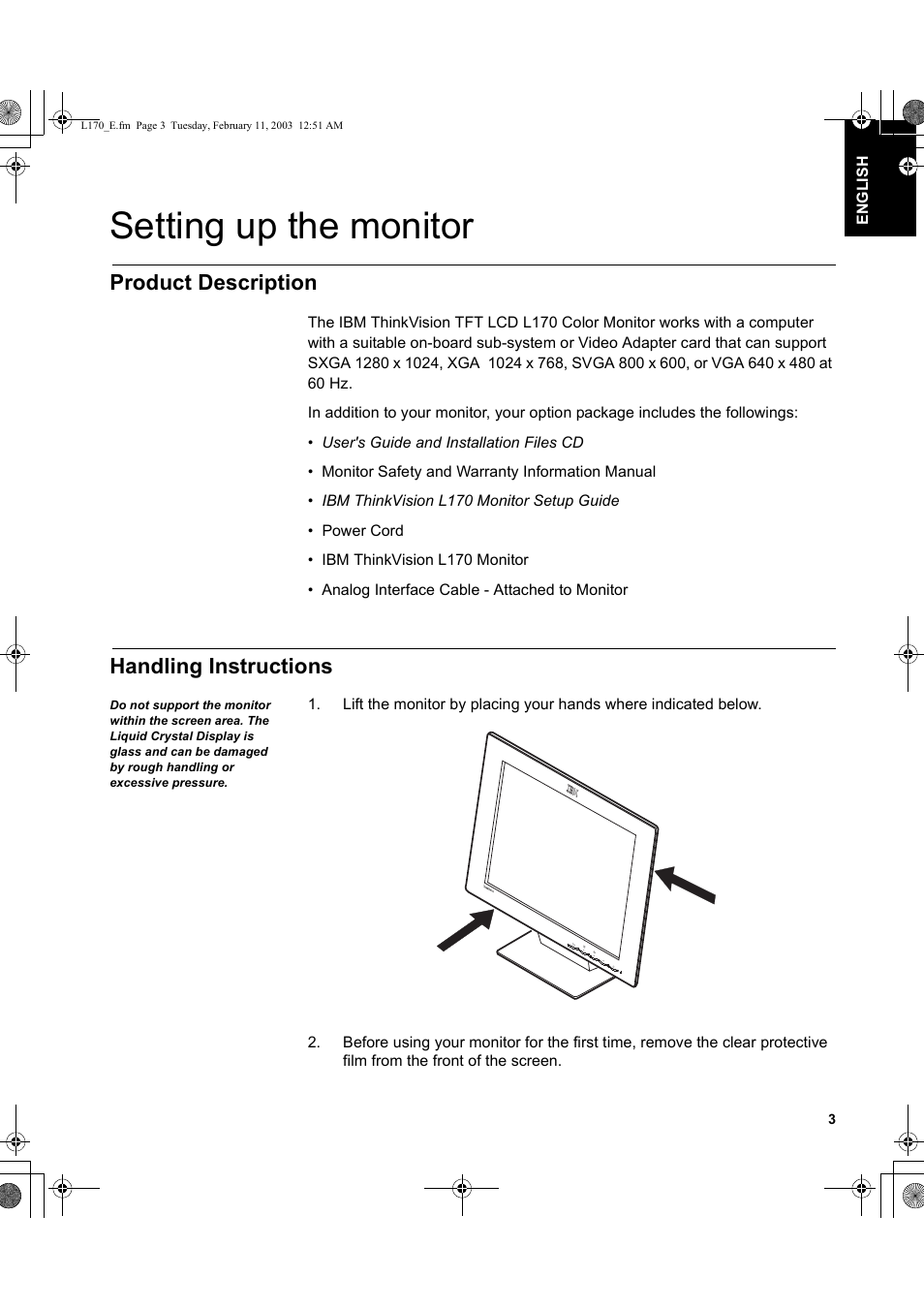 Setting up the monitor, Product description, Handling instructions | IBM THINKVISION L170 User Manual | Page 5 / 32