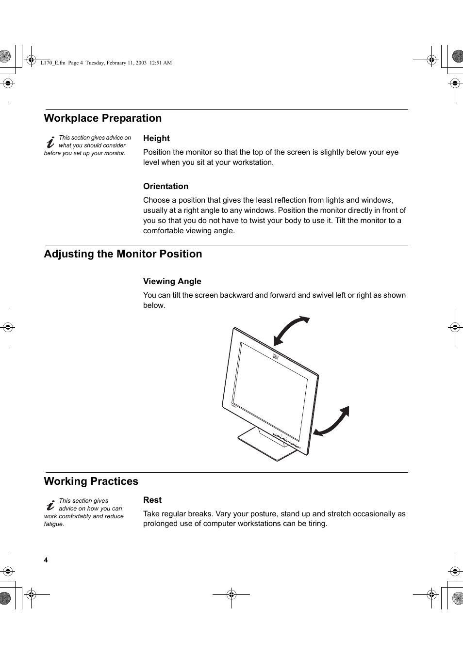 Workplace preparation, Adjusting the monitor position, Working practices | IBM THINKVISION L170 User Manual | Page 6 / 32