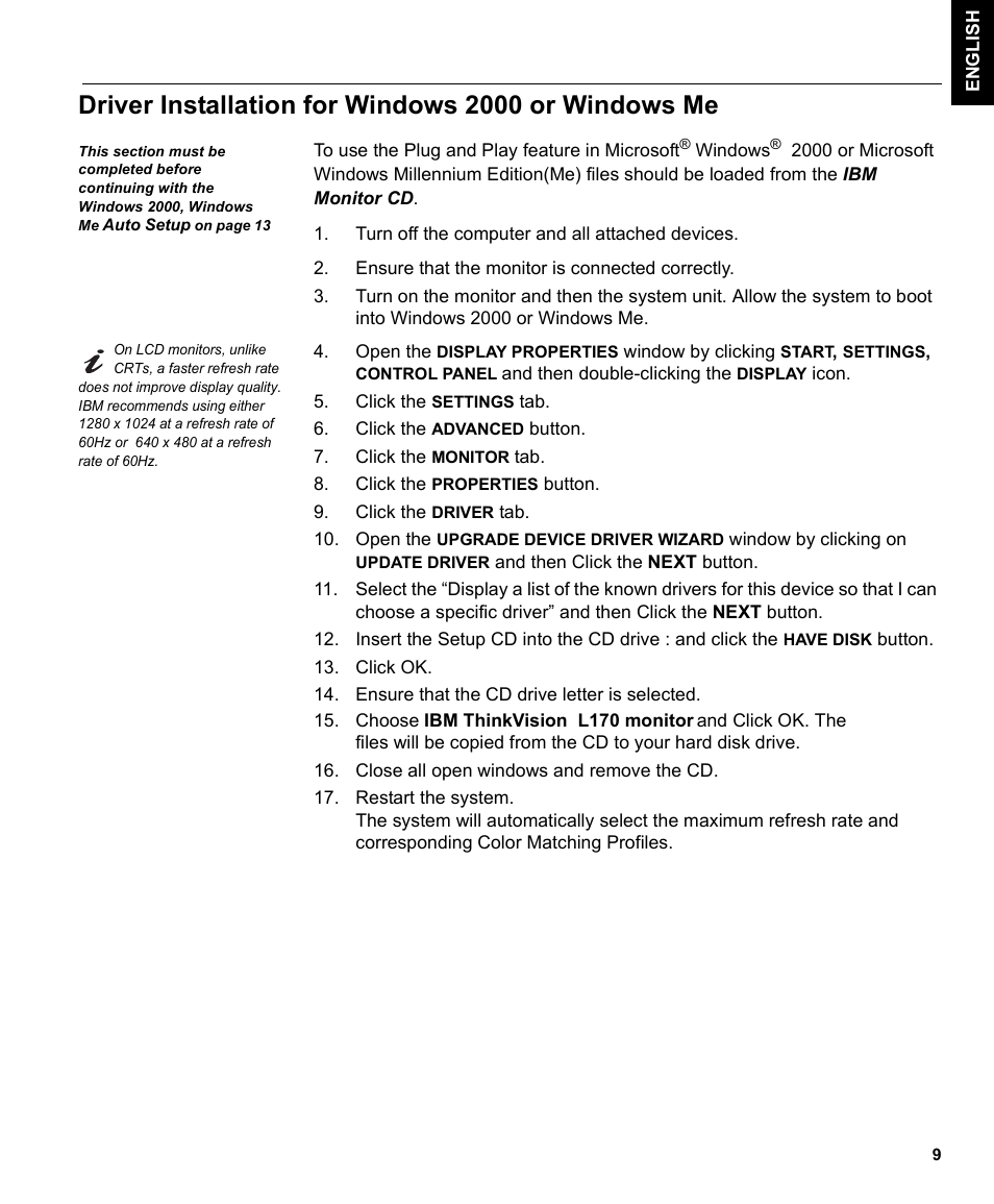 Driver installation for windows 2000 or windows me | IBM THINKVISIONTM L170 User Manual | Page 11 / 32