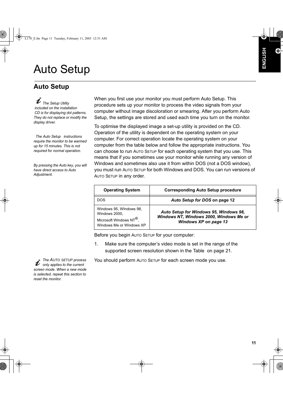 Auto setup | IBM THINKVISIONTM L170 User Manual | Page 13 / 32