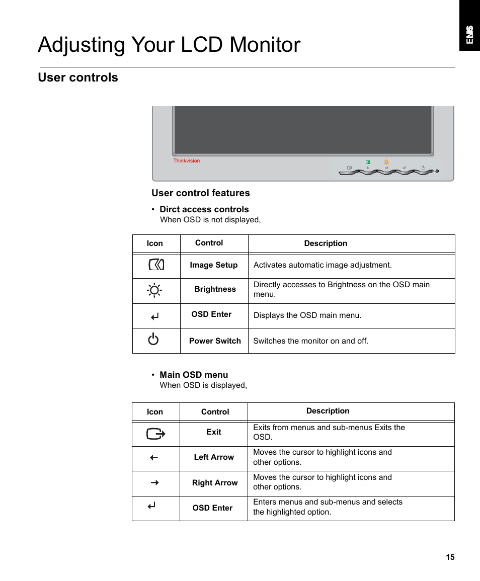 Adjusting your lcd monitor, User controls | IBM THINKVISIONTM L170 User Manual | Page 17 / 32