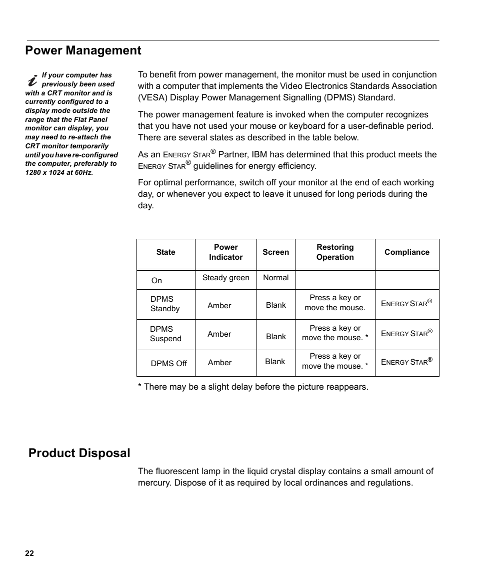 Power management, Product disposal | IBM THINKVISIONTM L170 User Manual | Page 24 / 32