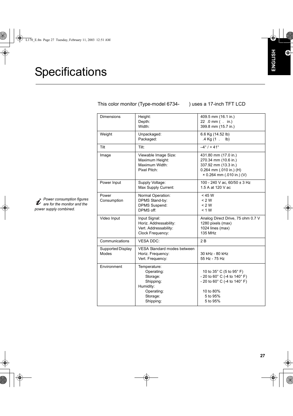 Specifications | IBM THINKVISIONTM L170 User Manual | Page 29 / 32