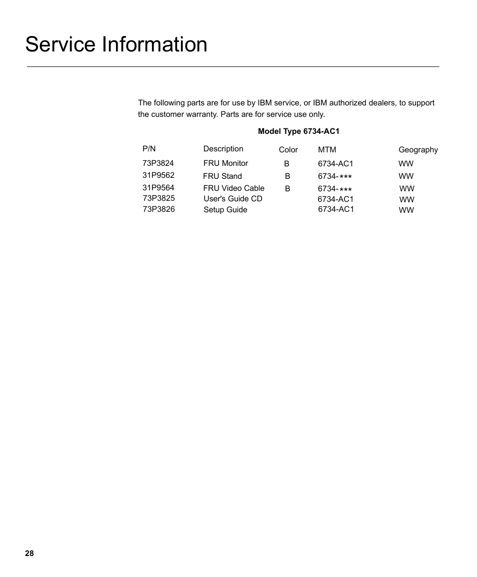 Service information | IBM THINKVISIONTM L170 User Manual | Page 30 / 32