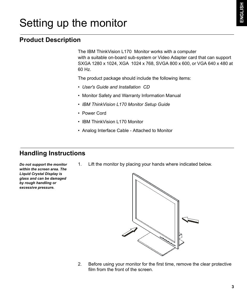 Setting up the monitor, Product description, Handling instructions | IBM THINKVISIONTM L170 User Manual | Page 5 / 32