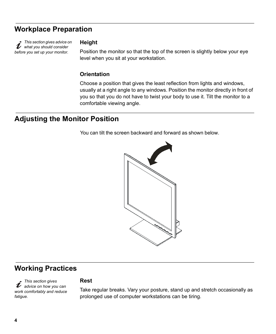 Workplace preparation, Adjusting the monitor position, Working practices | IBM THINKVISIONTM L170 User Manual | Page 6 / 32