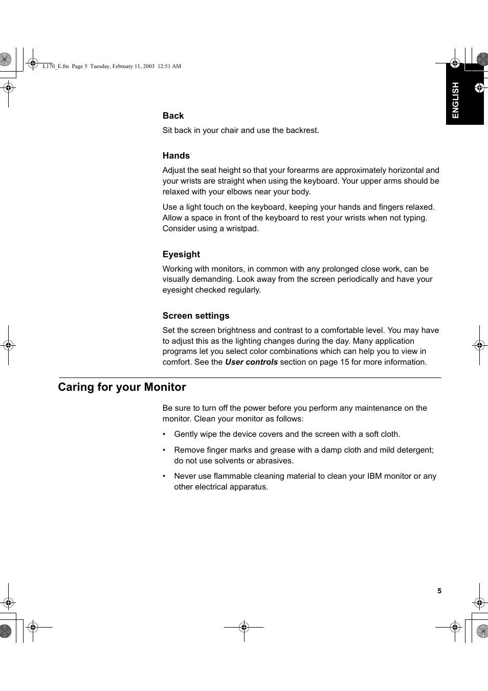 Caring for your monitor | IBM THINKVISIONTM L170 User Manual | Page 7 / 32