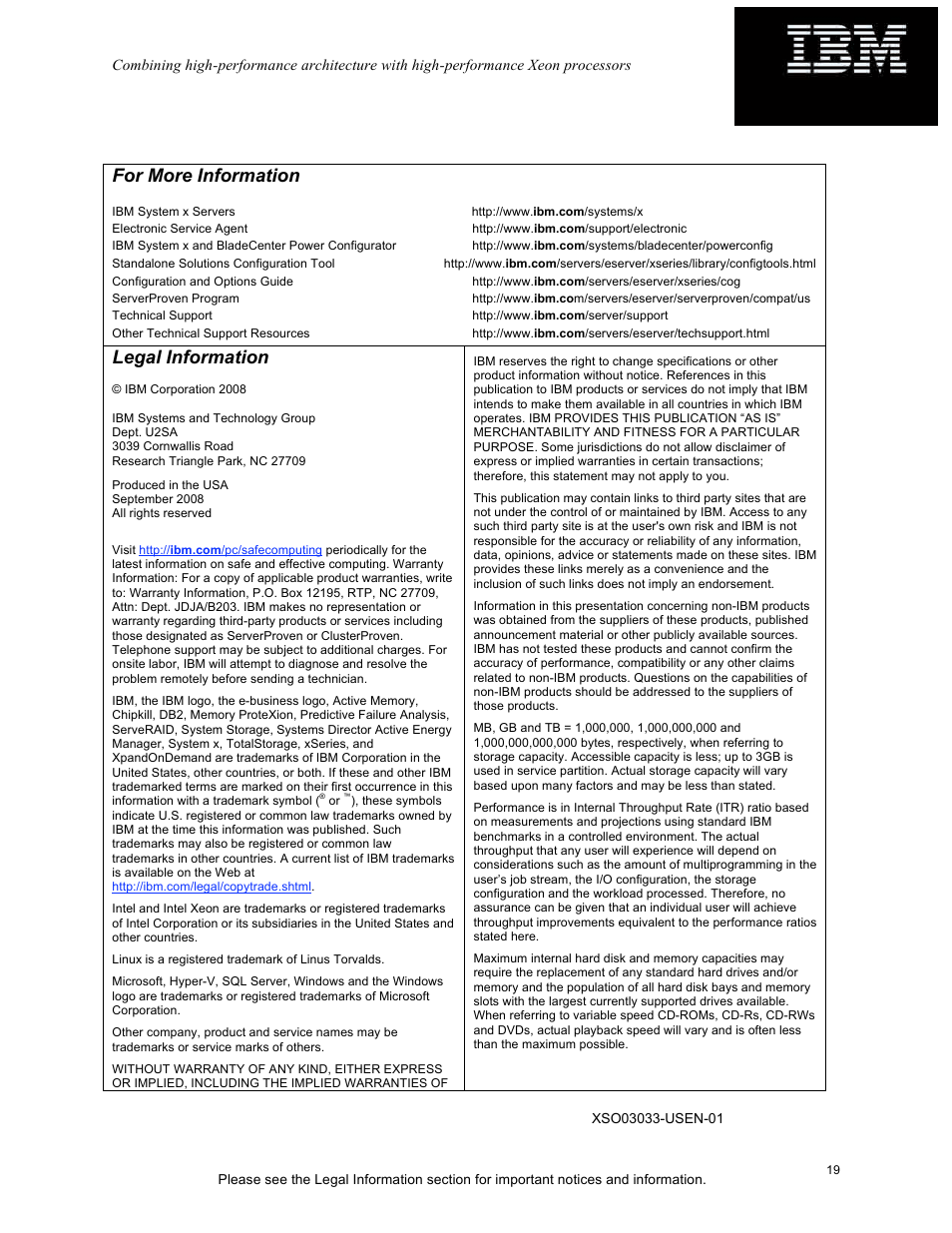 For more information, Legal information | IBM X3950 M2 User Manual | Page 19 / 19