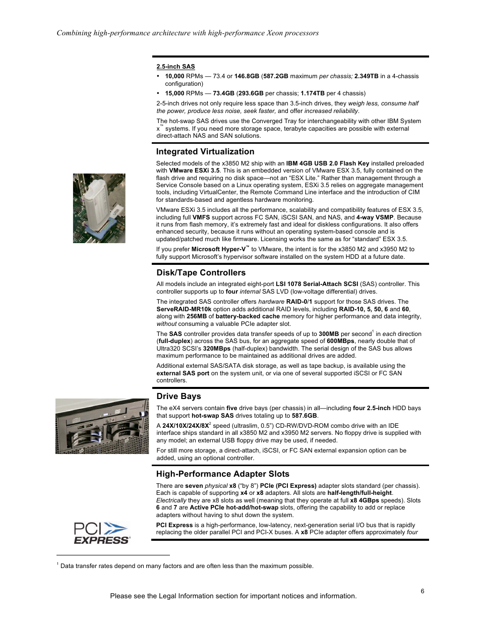 Integrated virtualization, Disk/tape controllers, Drive bays | High-performance adapter slots | IBM X3950 M2 User Manual | Page 6 / 19