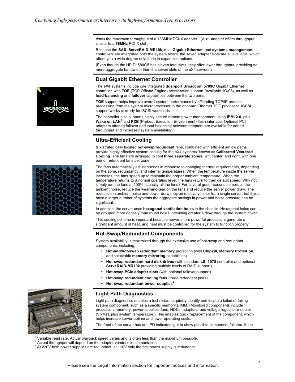 Dual gigabit ethernet controller, Ultra-efficient cooling, Hot-swap/redundant components | Light path diagnostics | IBM X3950 M2 User Manual | Page 7 / 19