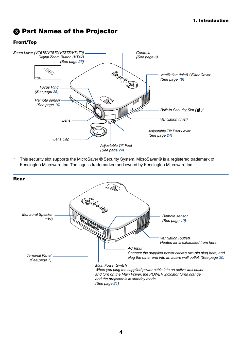 3) part names of the projector, Front/top, Rear | ᕣ part names of the projector, Introduction | IBM VT670 User Manual | Page 11 / 80