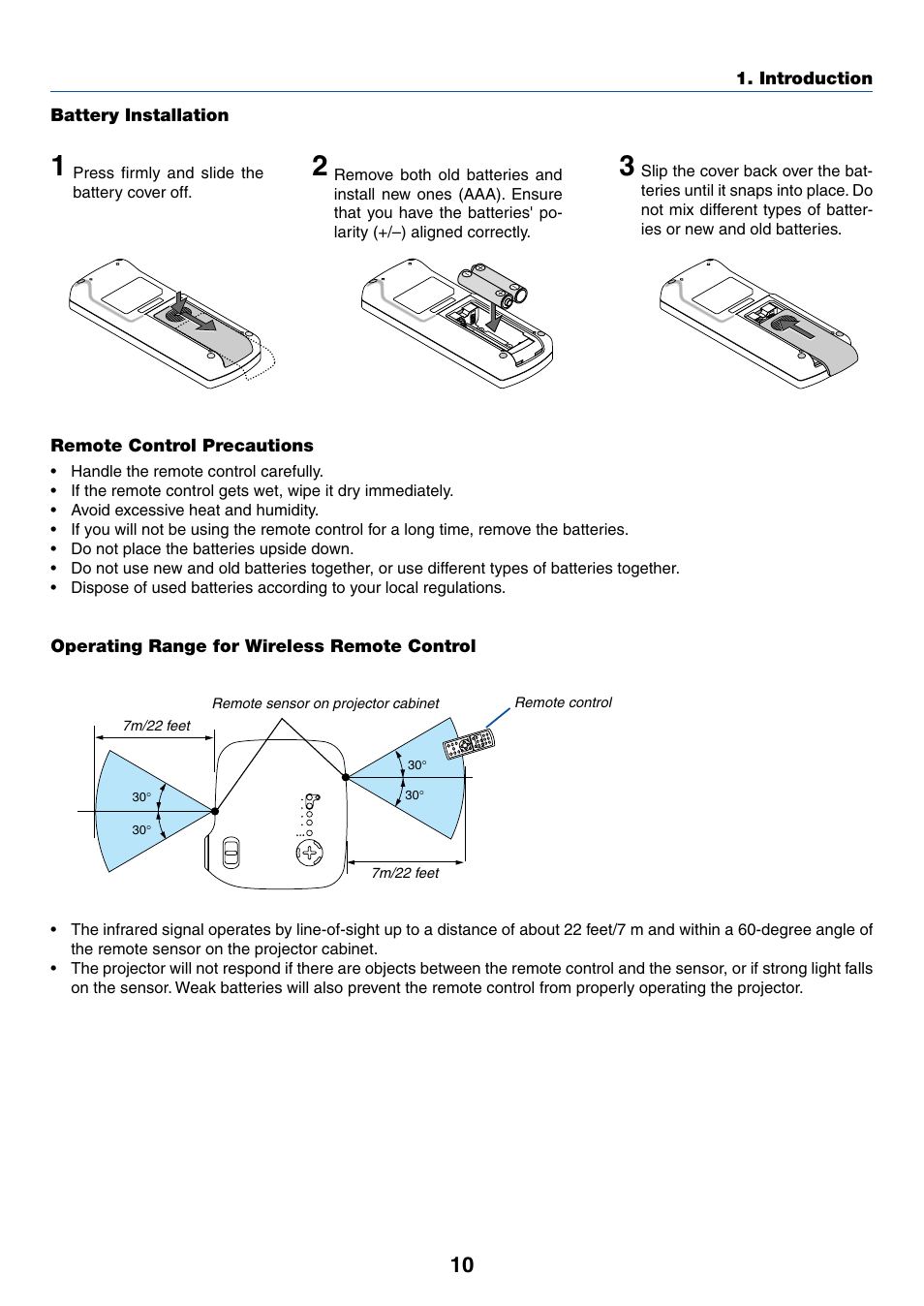 Battery installation, Remote control precautions, Operating range for wireless remote control | IBM VT670 User Manual | Page 17 / 80