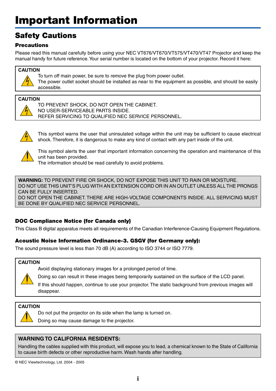 Important information, Safety cautions | IBM VT670 User Manual | Page 2 / 80