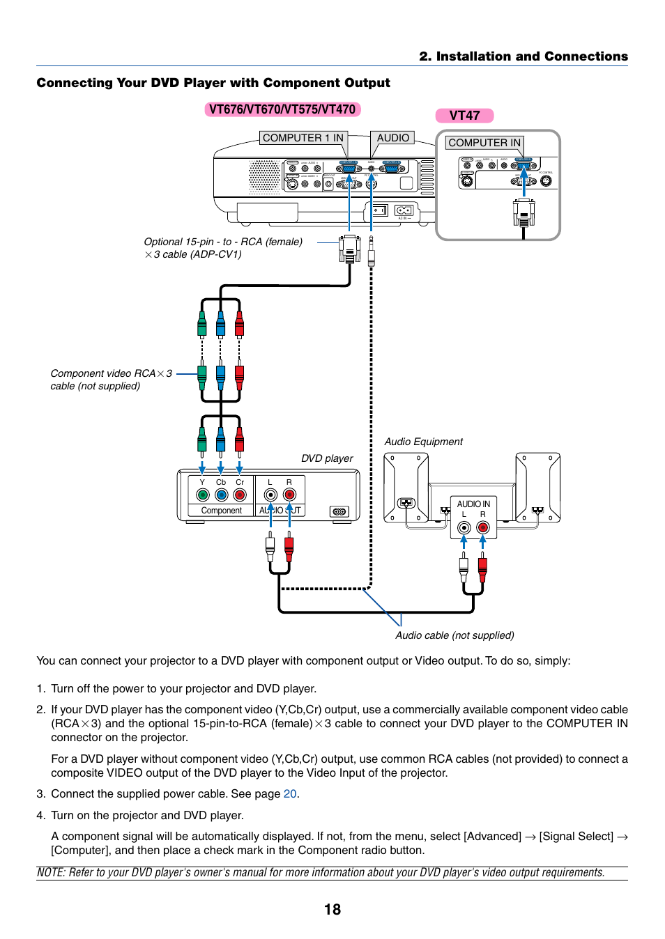 Connecting your dvd player with component output, Installation and connections, 3 cable (adp-cv1) component video rca | 3cable (not supplied) | IBM VT670 User Manual | Page 25 / 80