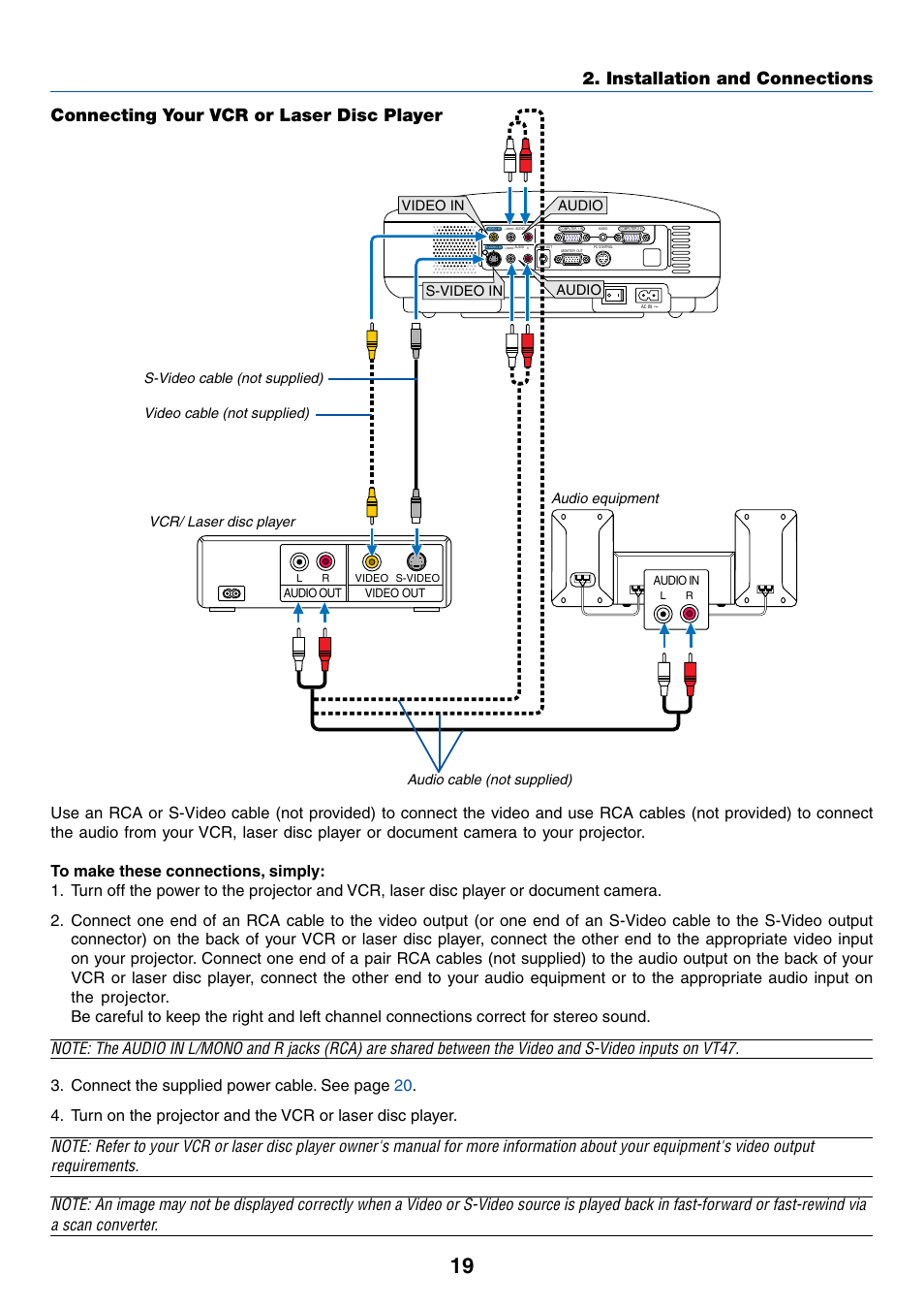 Connecting your vcr or laser disc player, Installation and connections | IBM VT670 User Manual | Page 26 / 80