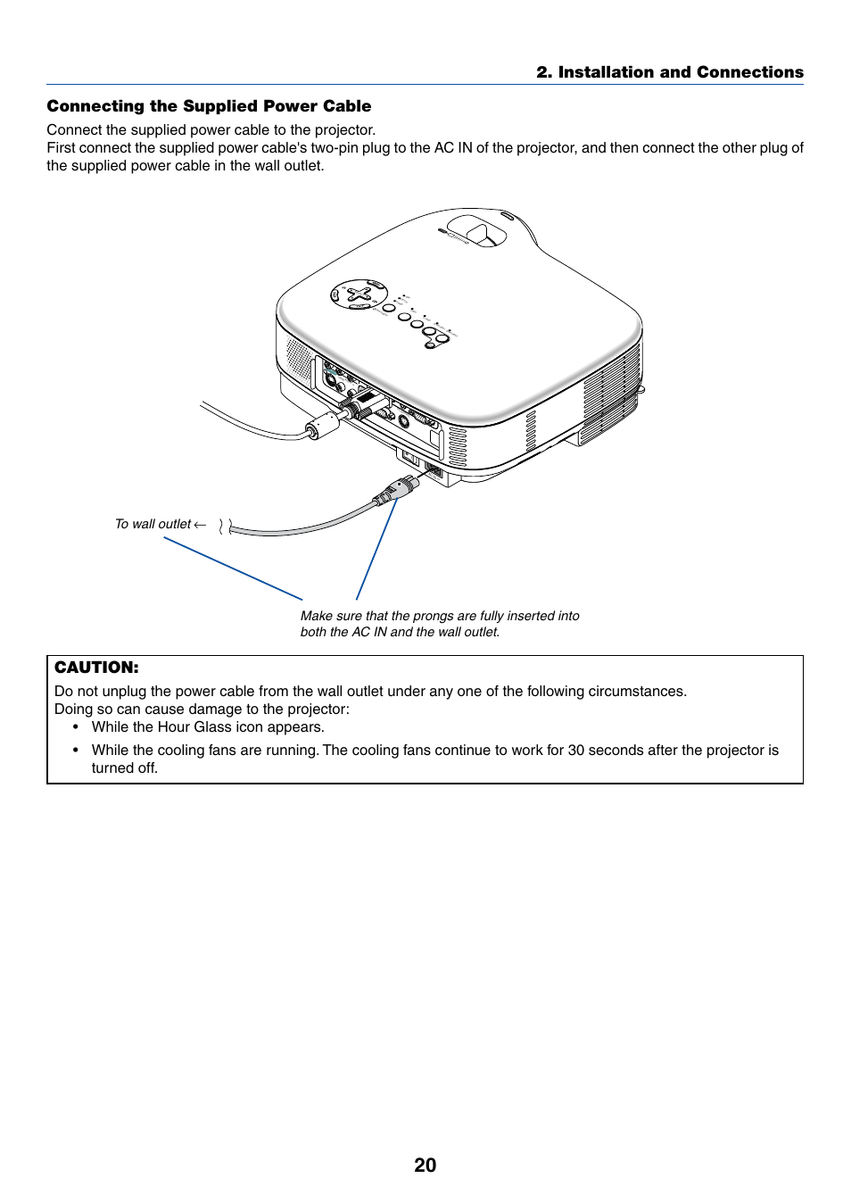Connecting the supplied power cable, Installation and connections, Caution | IBM VT670 User Manual | Page 27 / 80