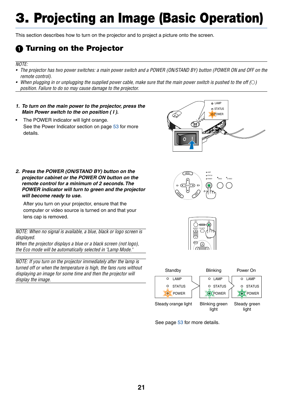 Projecting an image (basic operation), 1) turning on the projector, ᕡ turning on the projector | IBM VT670 User Manual | Page 28 / 80