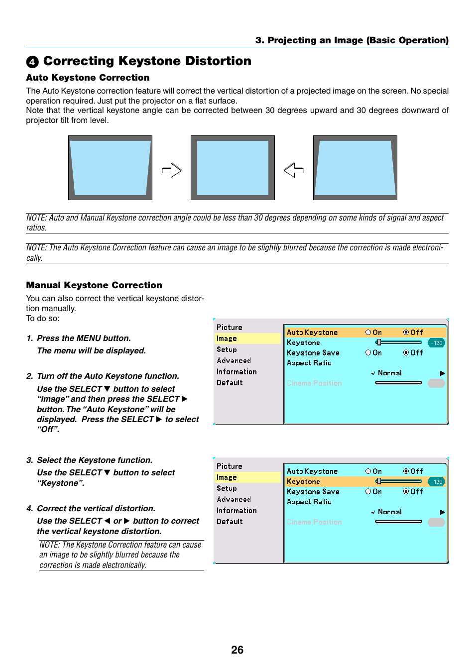 4) correcting keystone distortion, ᕤ correcting keystone distortion | IBM VT670 User Manual | Page 33 / 80
