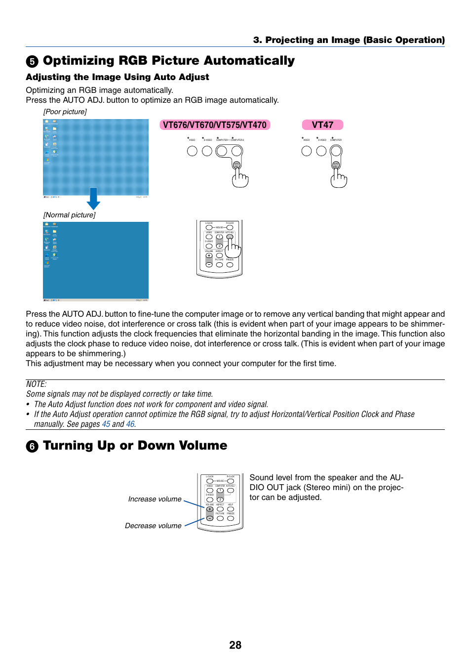 5) optimizing rgb picture automatically, 6) turning up or down volume, ᕥ optimizing rgb picture automatically | ᕦ turning up or down volume, Projecting an image (basic operation), Adjusting the image using auto adjust, Poor picture] [normal picture, Increase volume decrease volume | IBM VT670 User Manual | Page 35 / 80