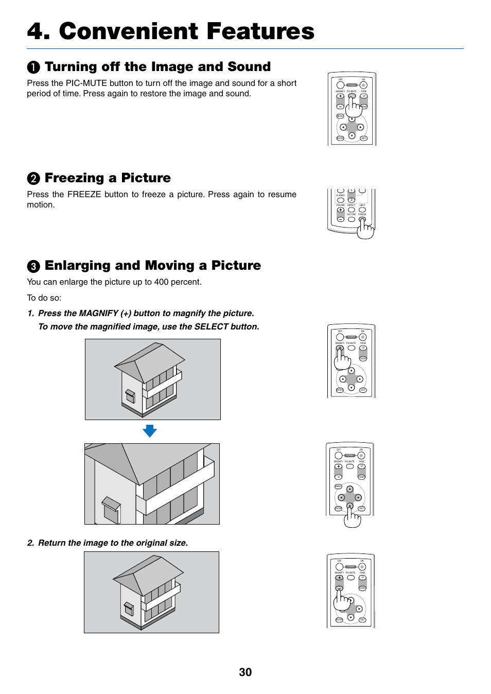 Convenient features, 1) turning off the image and sound, 2) freezing a picture | 3) enlarging and moving a picture, Turning off the image and sound, Freezing a picture, ᕣ enlarging and moving a picture | IBM VT670 User Manual | Page 37 / 80