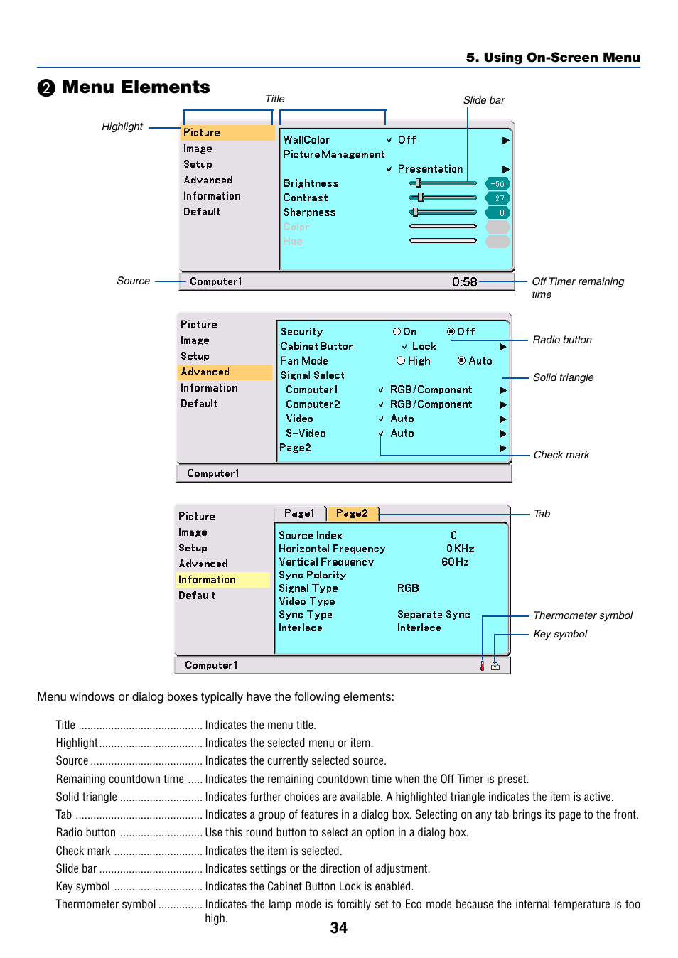 2) menu elements, ᕢ menu elements, Menu elements | IBM VT670 User Manual | Page 41 / 80