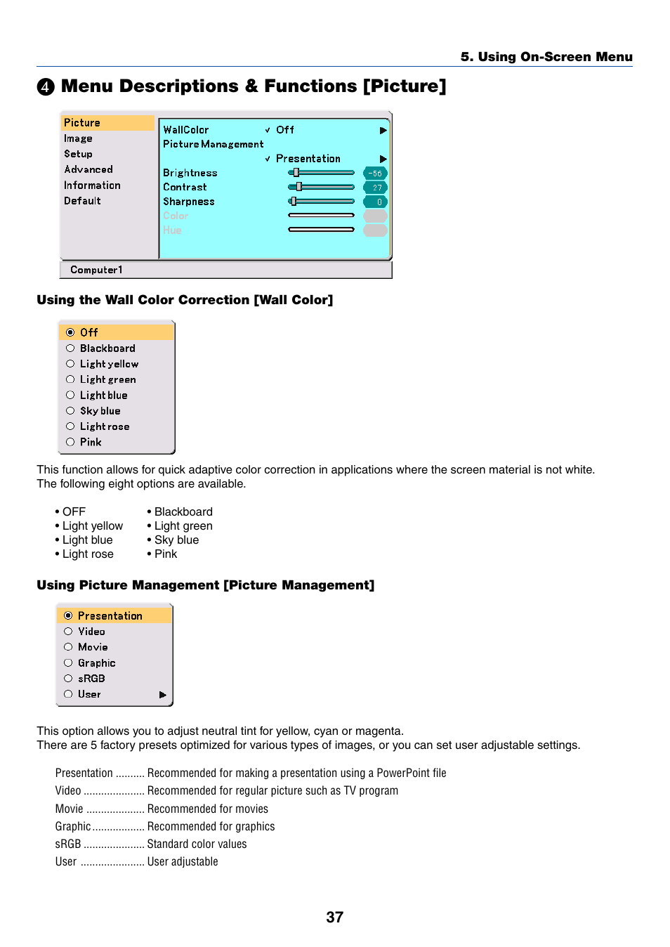 4) menu descriptions & functions [picture, Using the wall color correction [wall color, Using picture management [picture management | ᕤ menu descriptions & functions [picture, Menu descriptions & functions [picture | IBM VT670 User Manual | Page 44 / 80