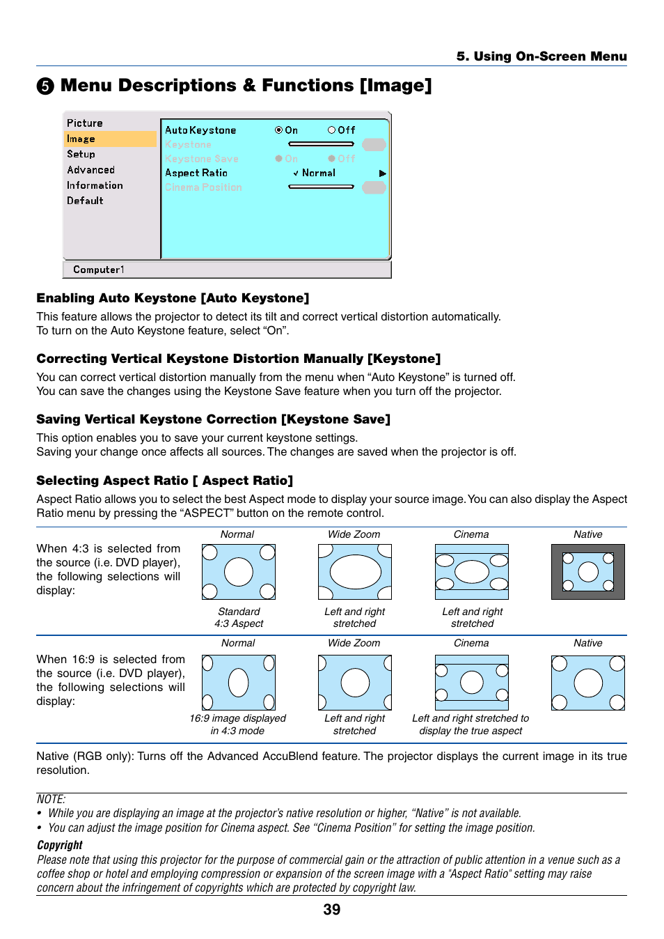 5) menu descriptions & functions [image, Enabling auto keystone [auto keystone, Saving vertical keystone correction [keystone save | Selecting aspect ratio [ aspect ratio, ᕥ menu descriptions & functions [image, Menu descriptions & functions [image | IBM VT670 User Manual | Page 46 / 80