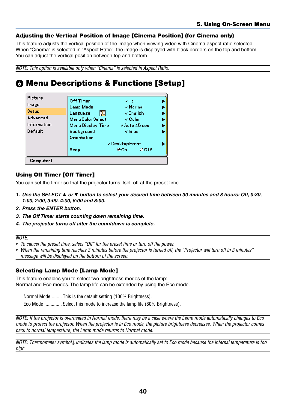 6) menu descriptions & functions [setup, Using off timer [off timer, Selecting lamp mode [lamp mode | ᕦ menu descriptions & functions [setup, Menu descriptions & functions [setup | IBM VT670 User Manual | Page 47 / 80