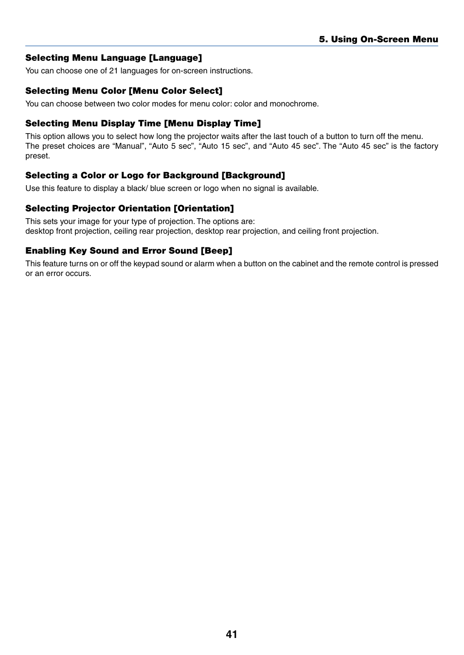 Selecting menu language [language, Selecting menu color [menu color select, Selecting menu display time [menu display time | Selecting projector orientation [orientation, Enabling key sound and error sound [beep | IBM VT670 User Manual | Page 48 / 80
