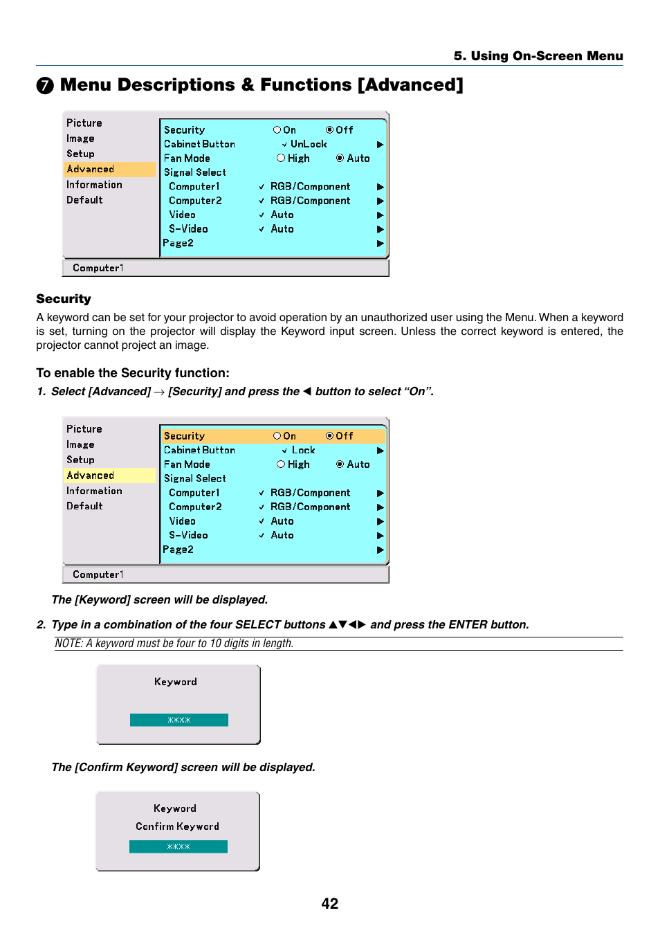 7) menu descriptions & functions [advanced, Security, ᕧ menu descriptions & functions [advanced | Menu descriptions & functions [advanced | IBM VT670 User Manual | Page 49 / 80