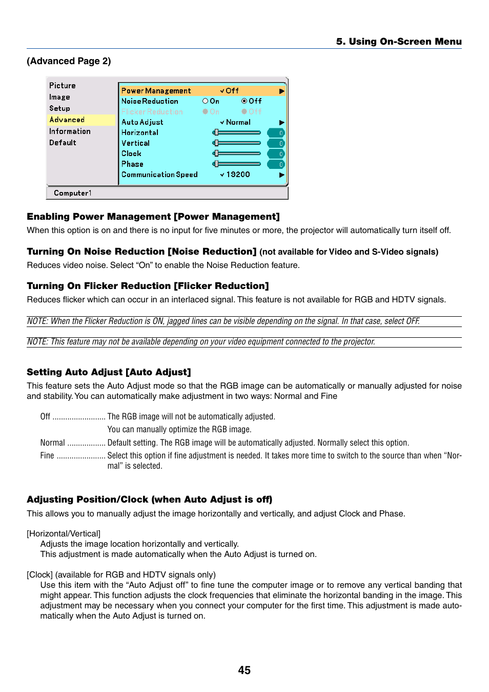Enabling power management [power management, Tur ning on noise reduction [noise reduction, Tur ning on flicker reduction [flicker reduction | Setting auto adjust [auto adjust, Adjusting position/clock (when auto adjust is off) | IBM VT670 User Manual | Page 52 / 80