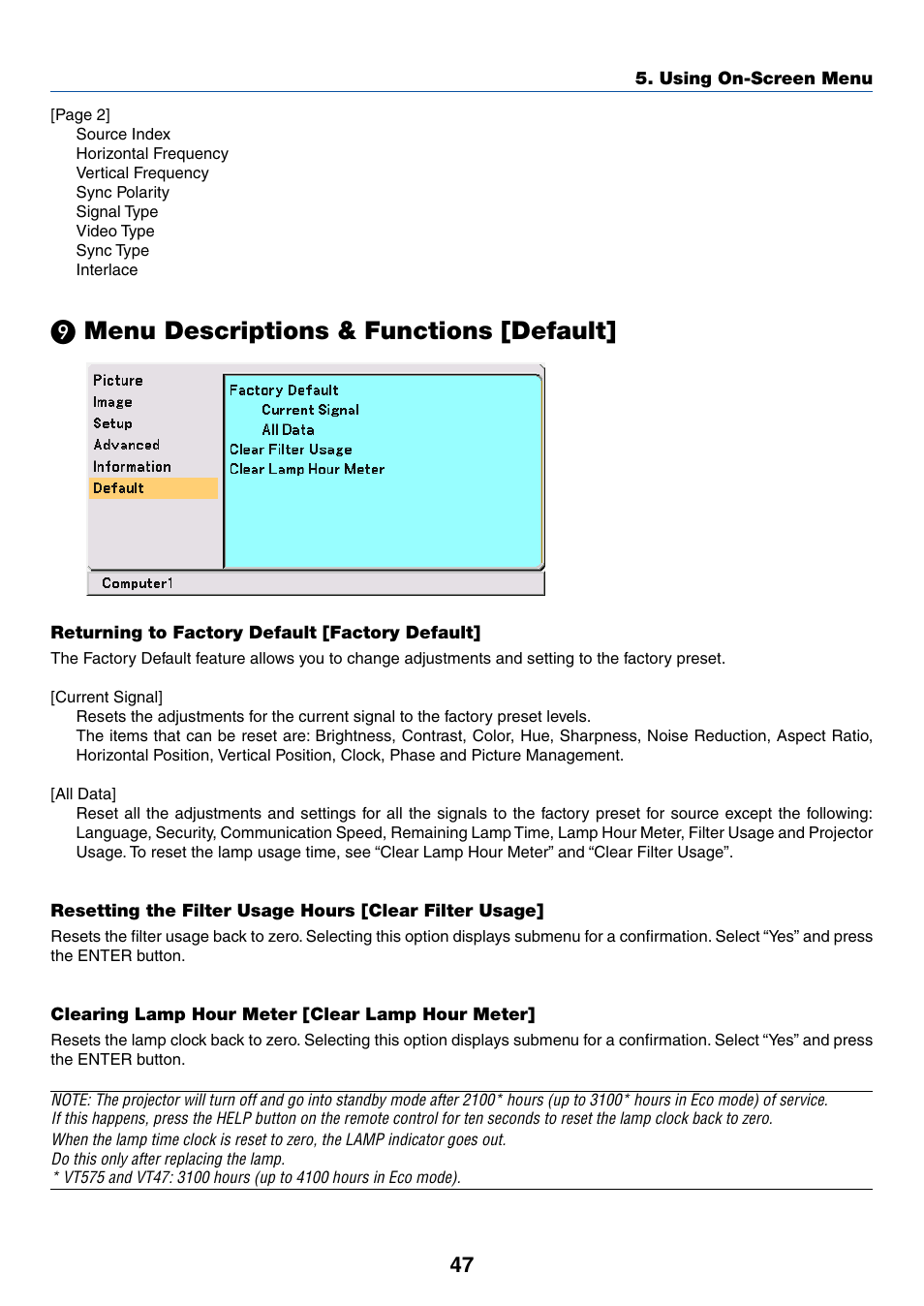 9) menu descriptions & functions [default, Returning to factory default [factory default, Clearing lamp hour meter [clear lamp hour meter | ᕩ menu descriptions & functions [default, Menu descriptions & functions [default | IBM VT670 User Manual | Page 54 / 80